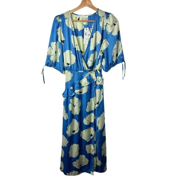 NWT Topshop blue splodge flower ruffle textured wrap midi Dress in Blue Size 6 - Picture 5 of 15